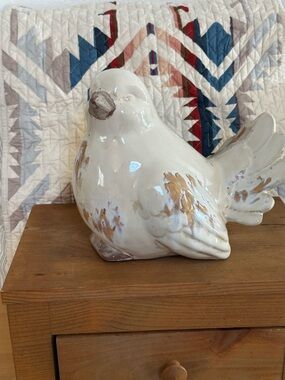 Ceramic Decorative Bird Figurine - Cream with Gold Accents